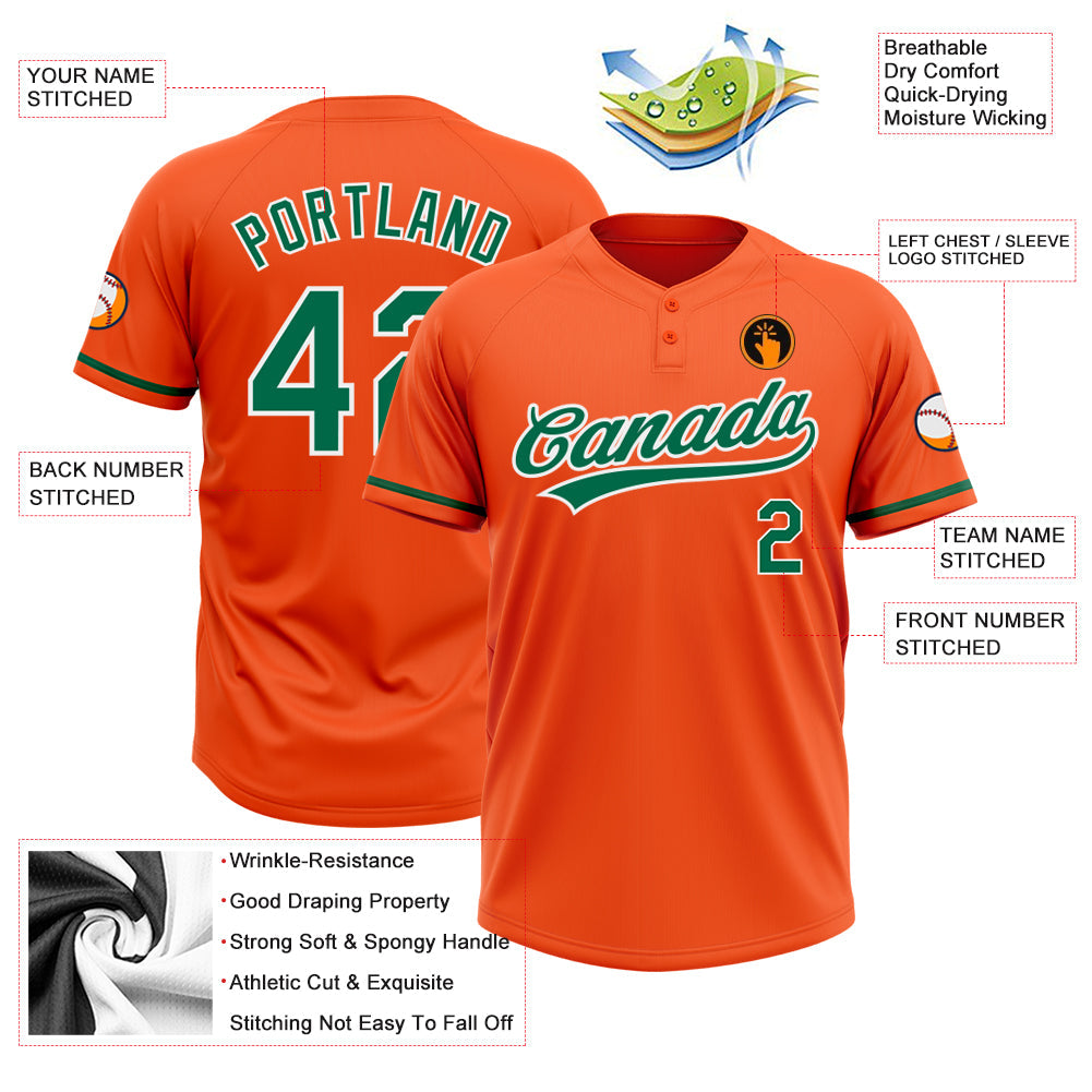 Custom Orange Kelly Green-White Two-Button Unisex Softball Jersey view 3