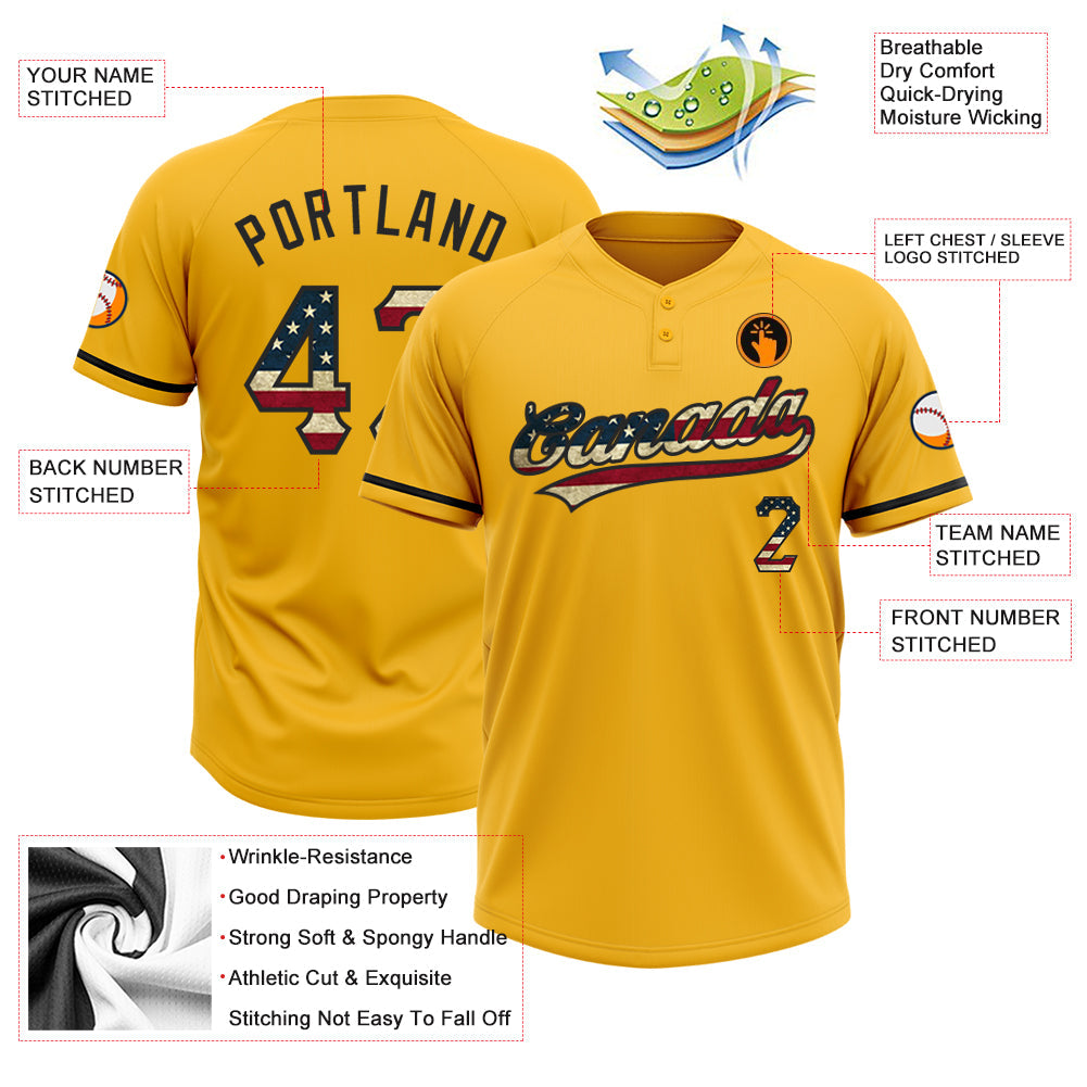 Custom Gold Vintage USA Flag-Black Two-Button Unisex Softball Jersey view 3