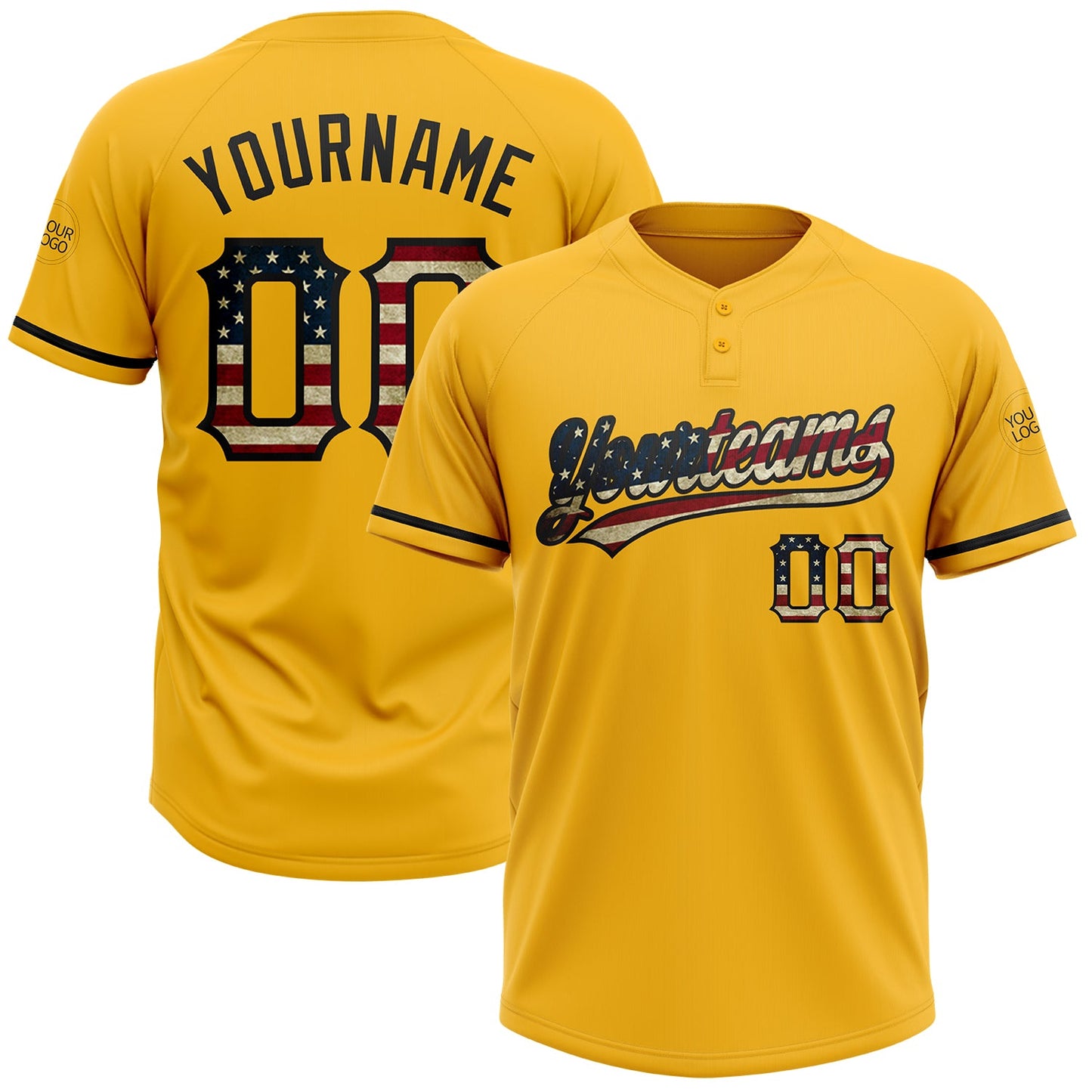 Custom Gold Vintage USA Flag-Black Two-Button Unisex Softball Jersey - Main View