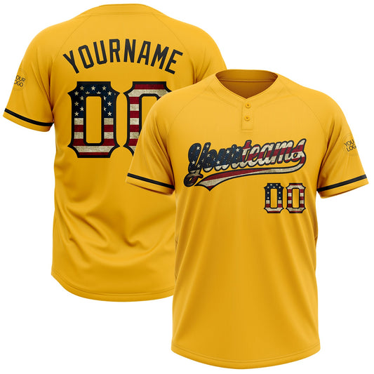 Custom Gold Vintage USA Flag-Black Two-Button Unisex Softball Jersey - Main View
