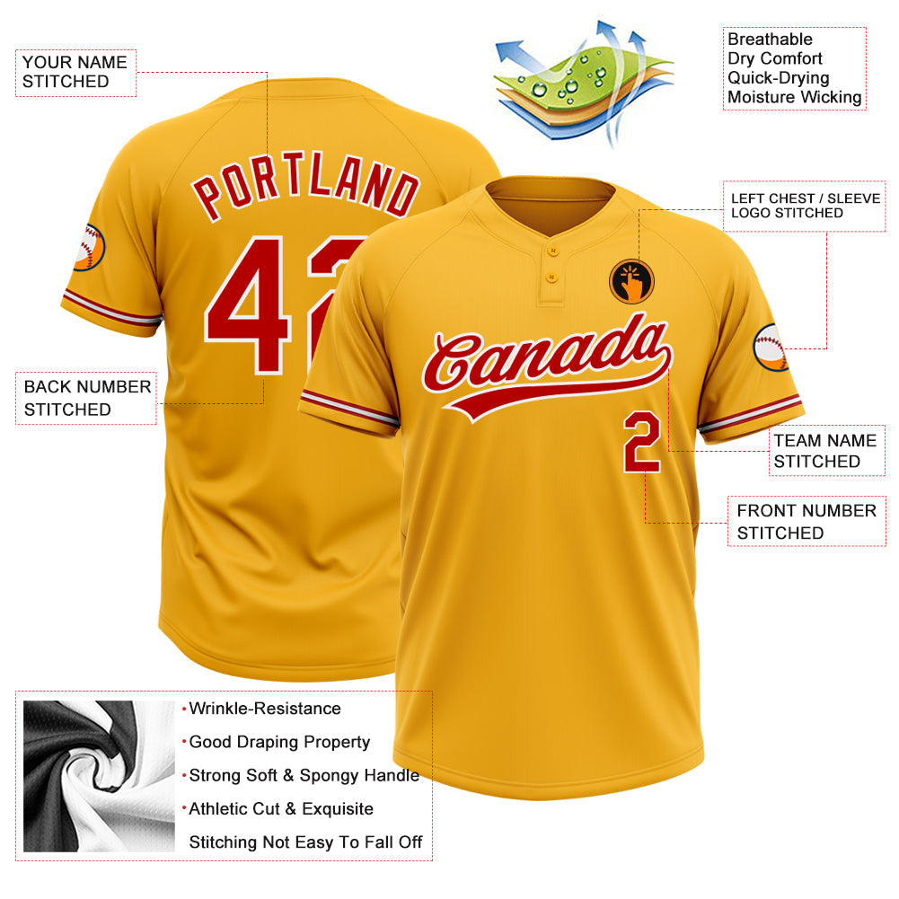 Custom Gold Red-White Two-Button Unisex Softball Jersey view 3