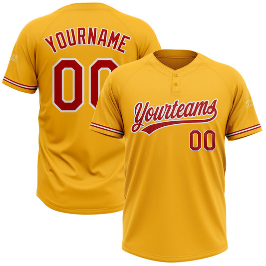 Custom Gold Red-White Two-Button Unisex Softball Jersey - Main View