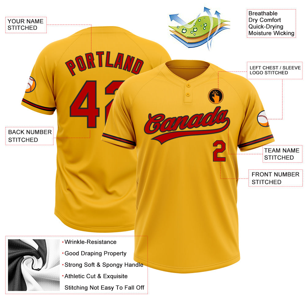 Custom Gold Red-Black Two-Button Unisex Softball Jersey view 3
