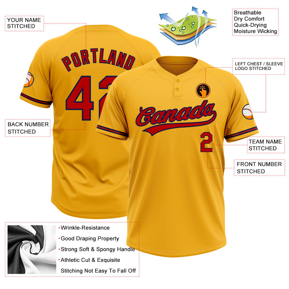 Custom Gold Red-Navy Two-Button Unisex Softball Jersey view 3