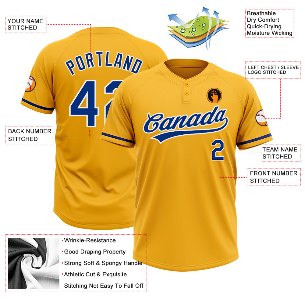Custom Gold Royal-White Two-Button Unisex Softball Jersey view 3