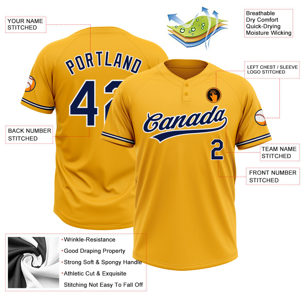 Custom Gold Navy-White Two-Button Unisex Softball Jersey view 3