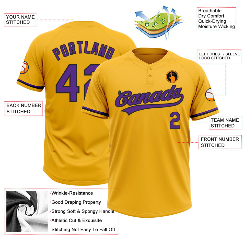 Custom Gold Purple-Black Two-Button Unisex Softball Jersey view 3