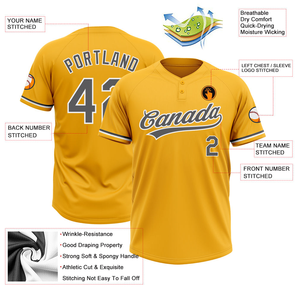 Custom Gold Steel Gray-White Two-Button Unisex Softball Jersey view 3