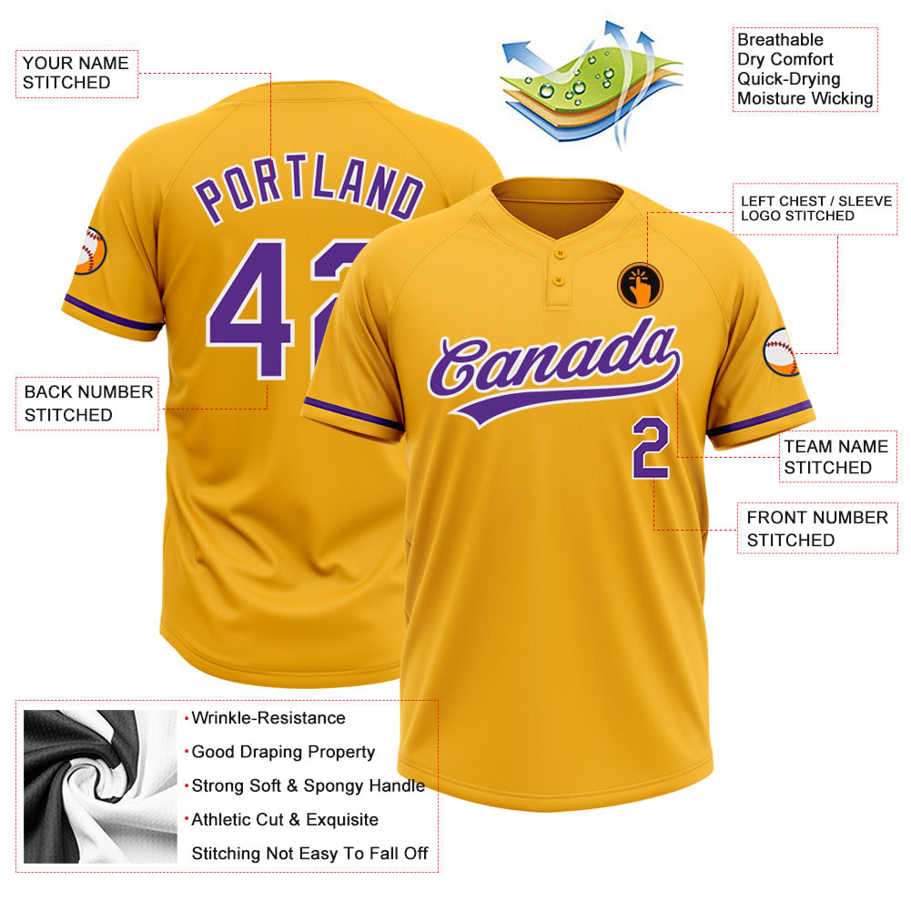 Custom Gold Purple-White Two-Button Unisex Softball Jersey view 3