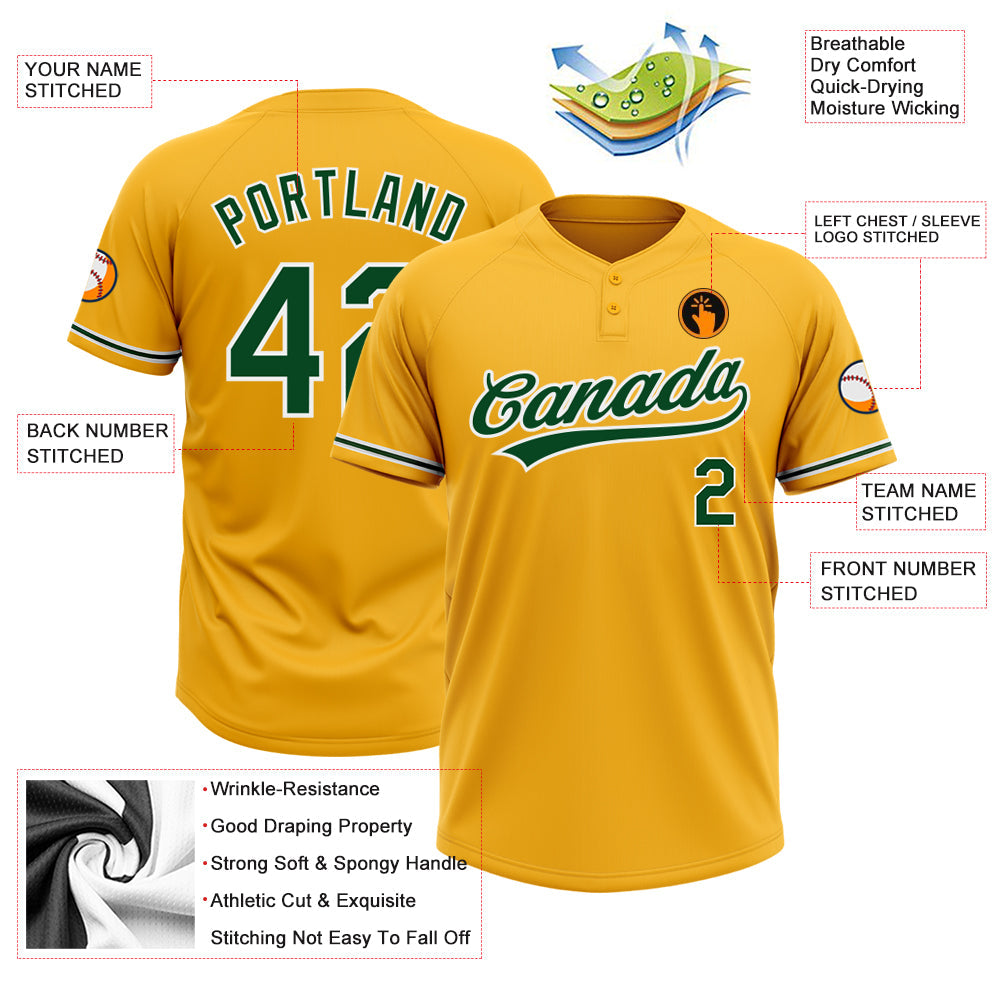 Custom Gold Green-White Two-Button Unisex Softball Jersey view 3