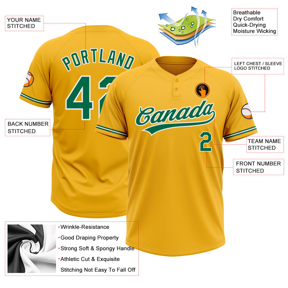 Custom Gold Kelly Green-White Two-Button Unisex Softball Jersey view 3