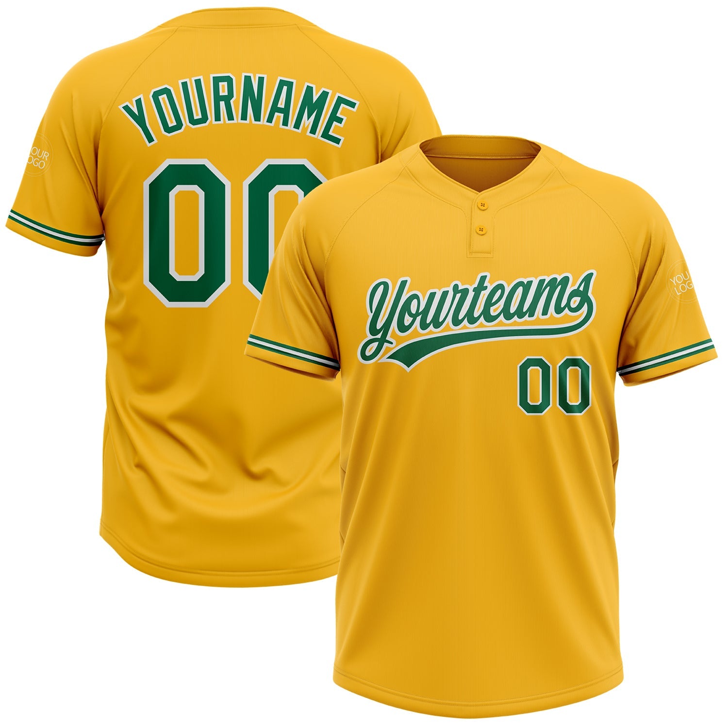 Custom Gold Kelly Green-White Two-Button Unisex Softball Jersey - Main View