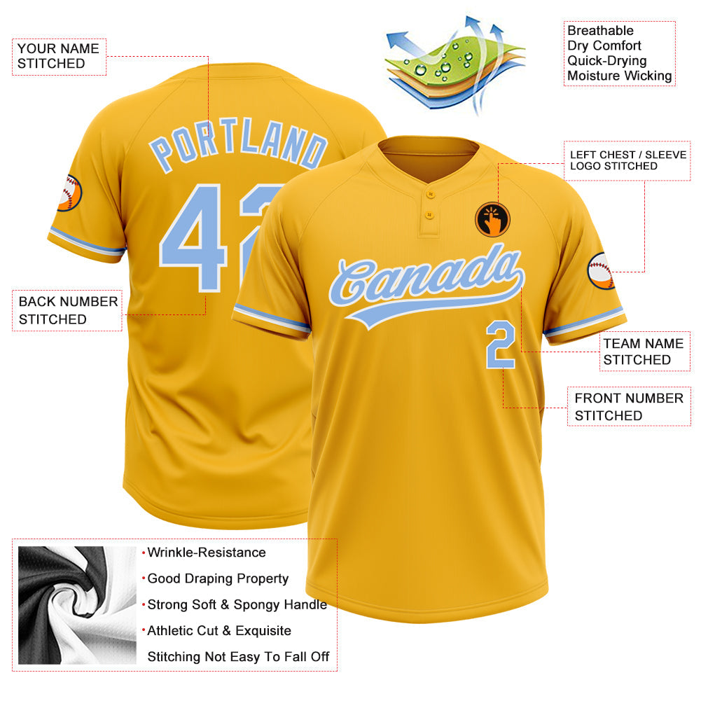 Custom Gold Light Blue-White Two-Button Unisex Softball Jersey view 3
