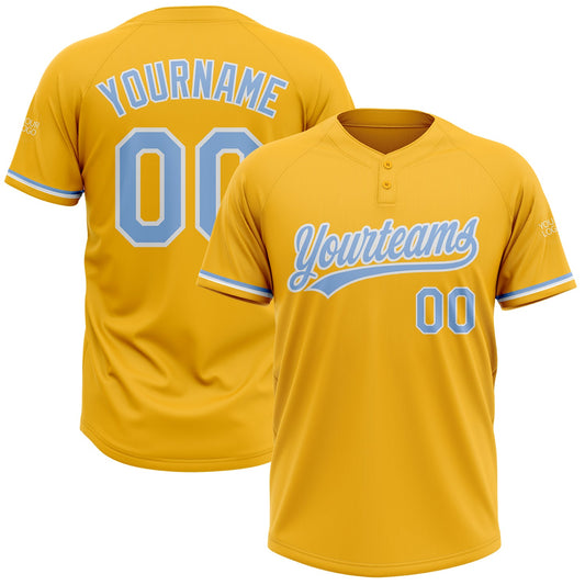 Custom Gold Light Blue-White Two-Button Unisex Softball Jersey - Main View