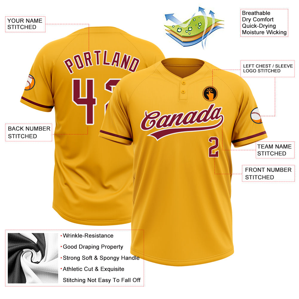 Custom Gold Crimson-White Two-Button Unisex Softball Jersey view 3