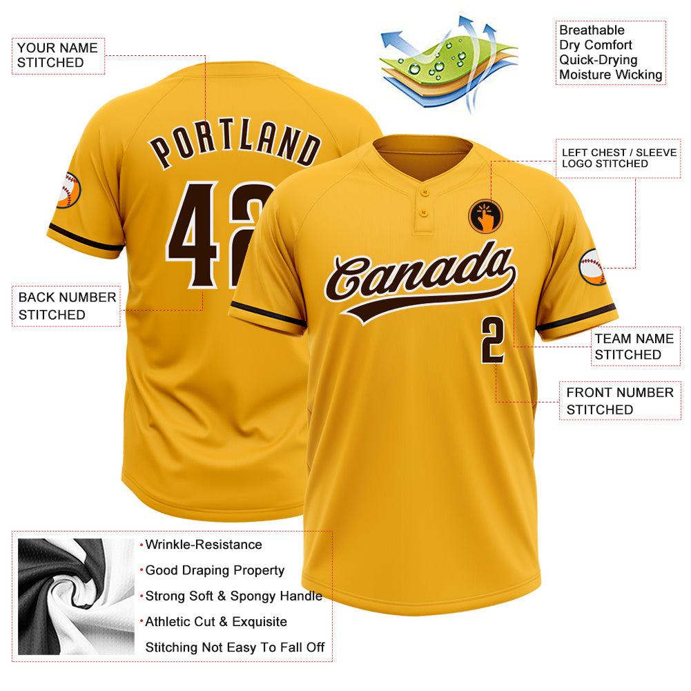 Custom Gold Brown-White Two-Button Unisex Softball Jersey view 3