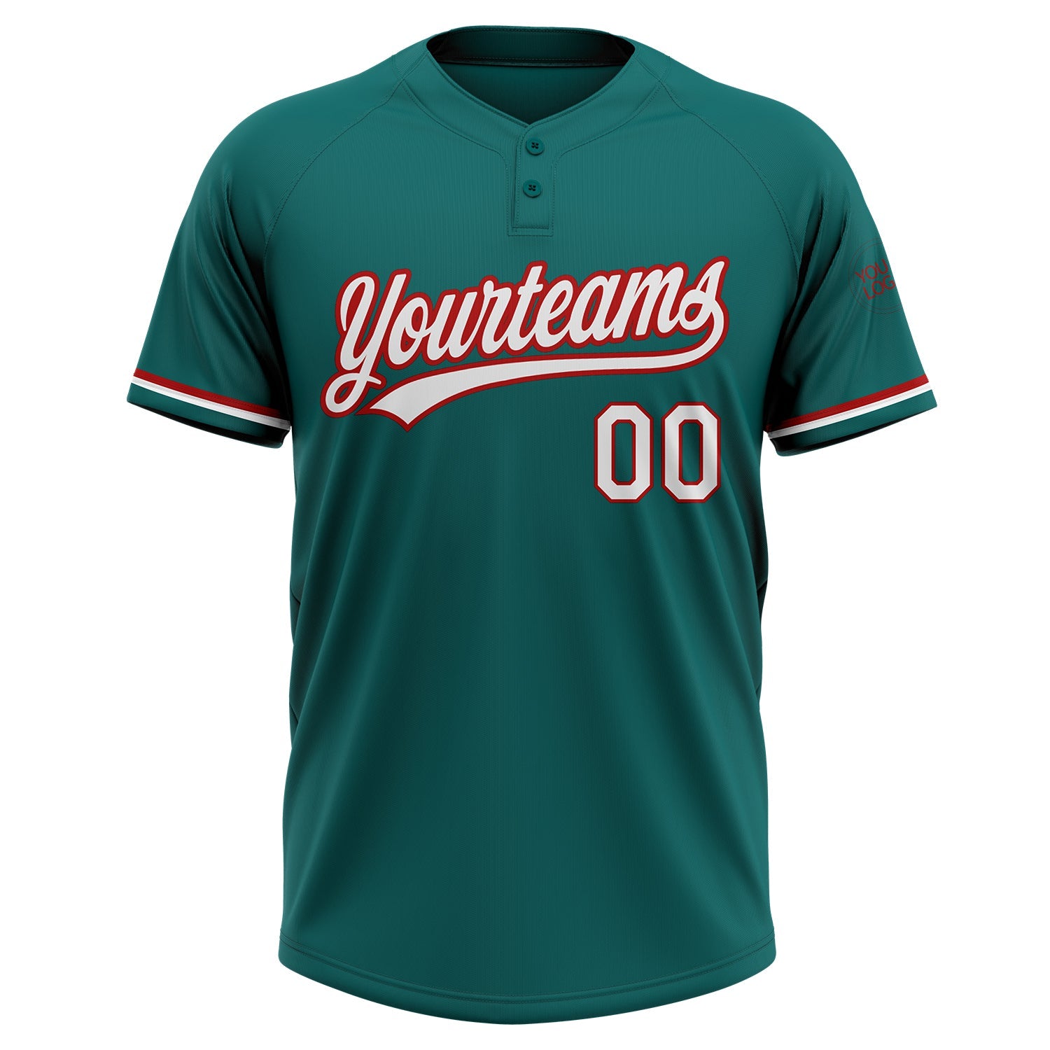 Custom Teal White-Red Two-Button Unisex Softball Jersey view 2