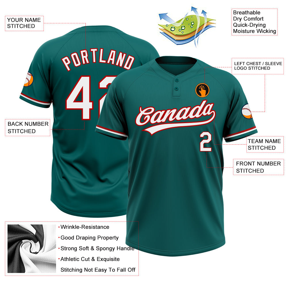 Custom Teal White-Red Two-Button Unisex Softball Jersey view 3