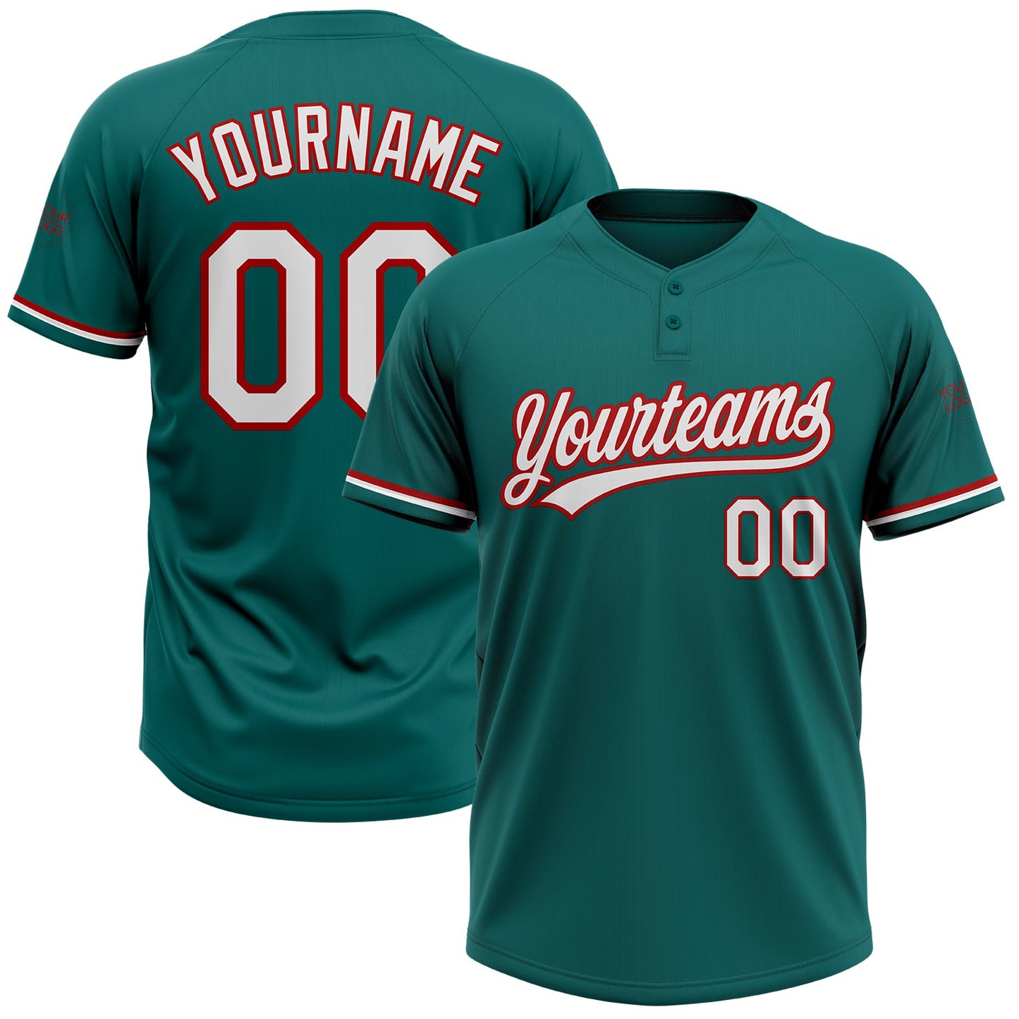 Custom Teal White-Red Two-Button Unisex Softball Jersey - Main View