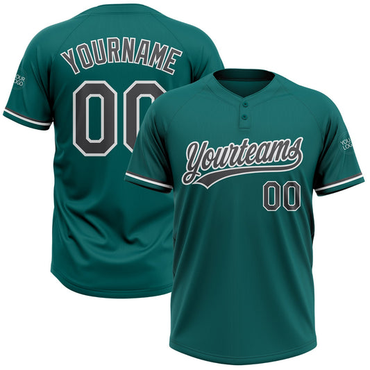 Custom Teal Steel Gray-White Two-Button Unisex Softball Jersey - Main View