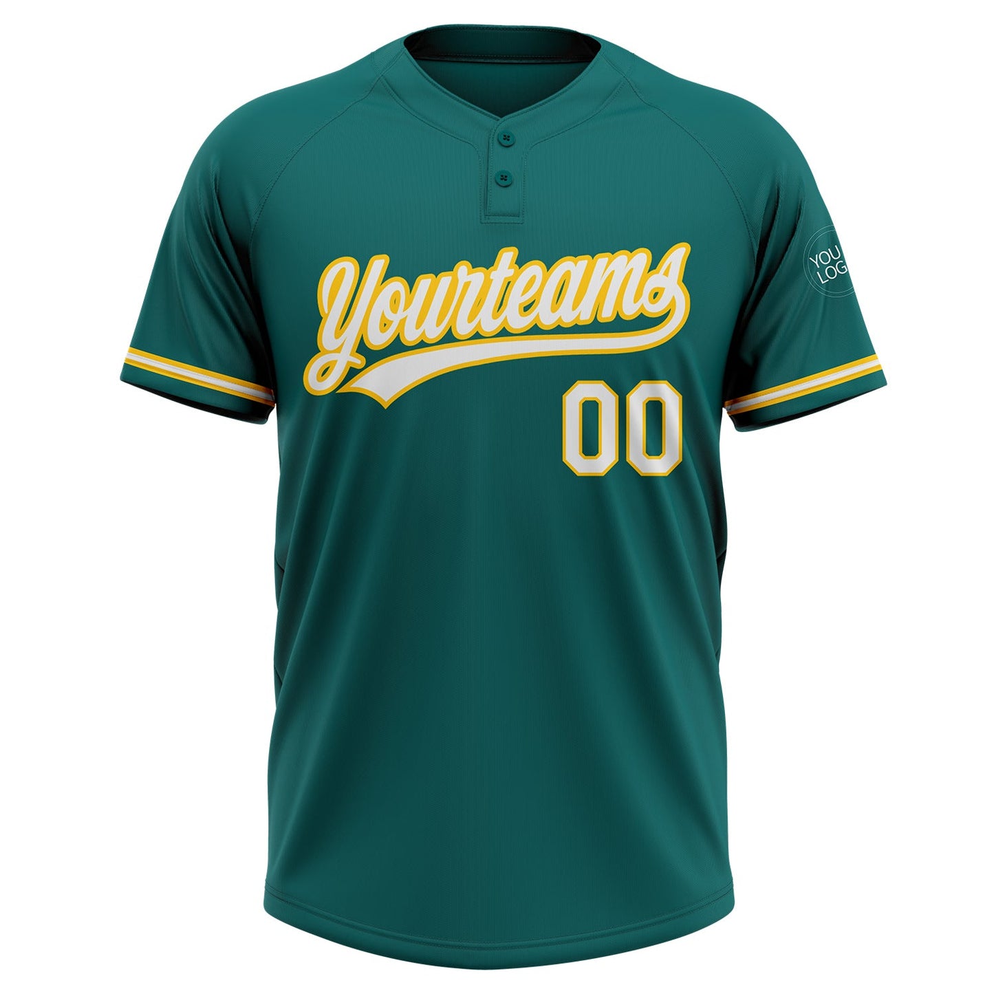 Custom Teal White-Yellow Two-Button Unisex Softball Jersey view 2