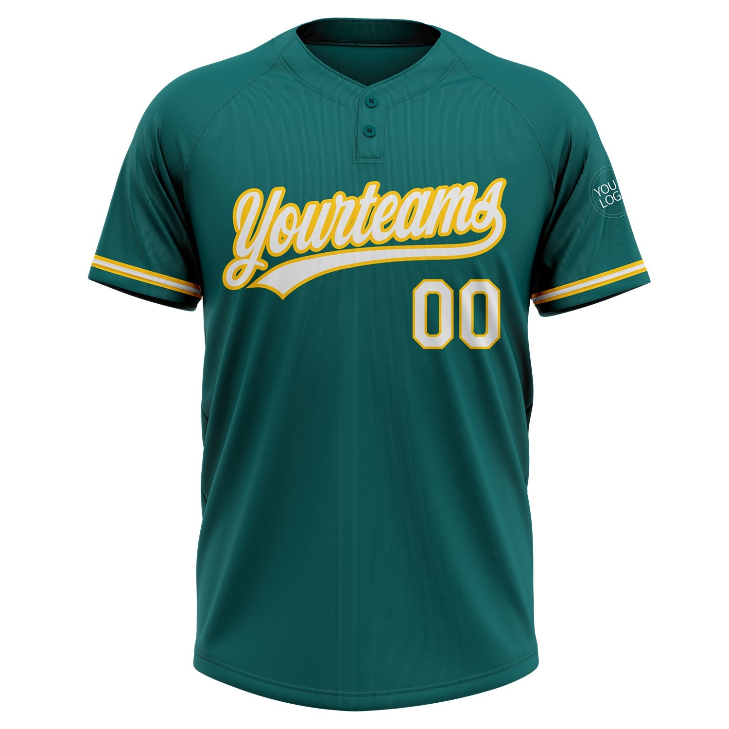 Custom Teal White-Yellow Two-Button Unisex Softball Jersey view 2