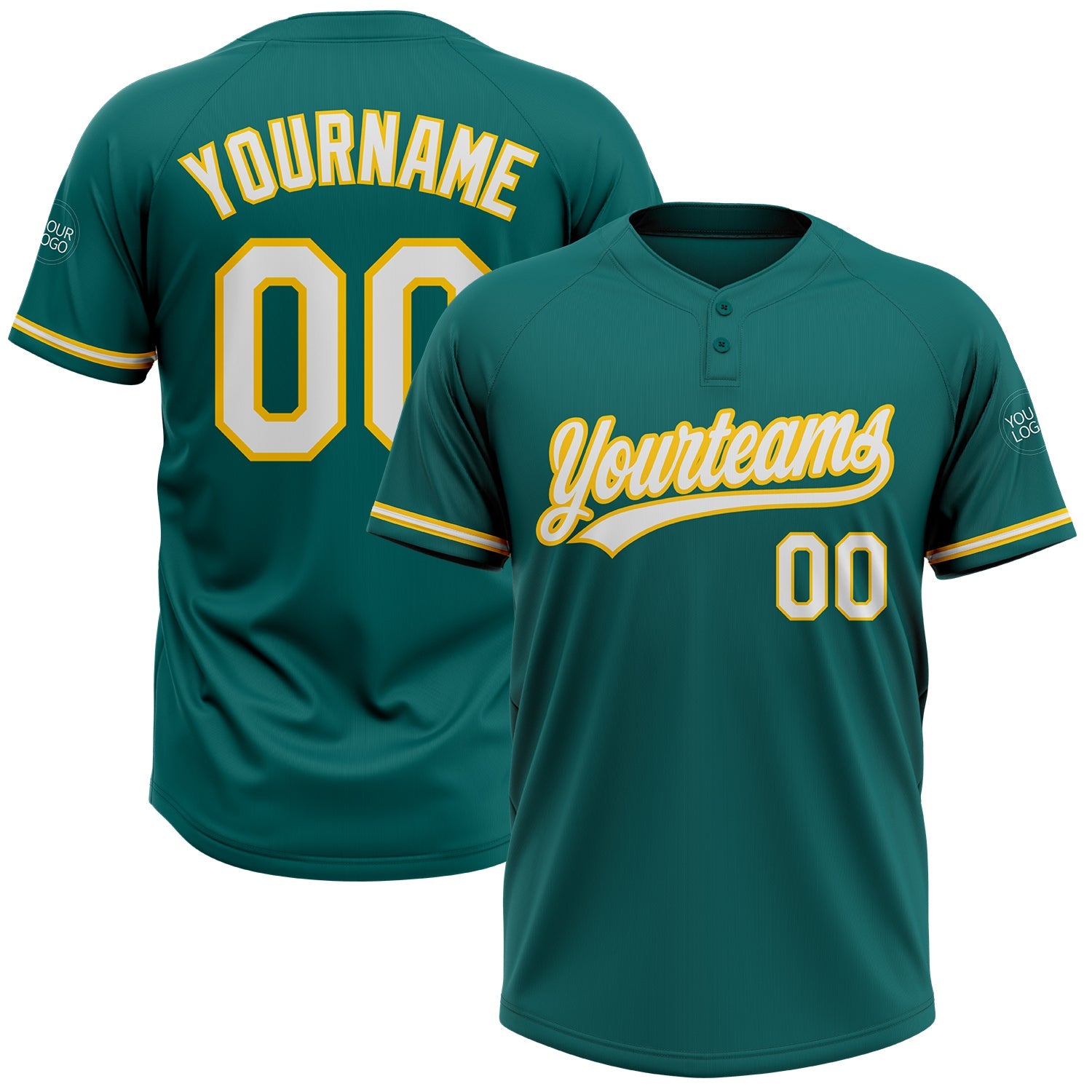 Custom Teal White-Yellow Two-Button Unisex Softball Jersey - Main View