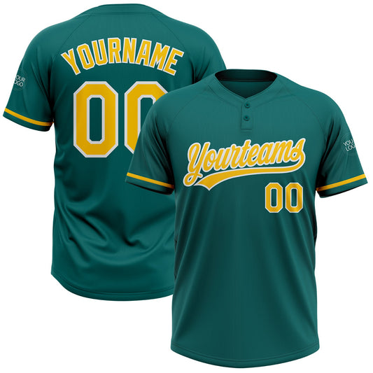 Custom Teal Yellow-White Two-Button Unisex Softball Jersey - Main View