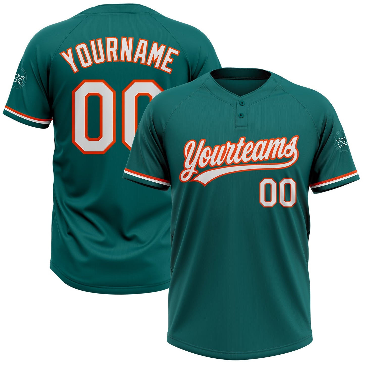 Custom Teal White-Orange Two-Button Unisex Softball Jersey - Main View
