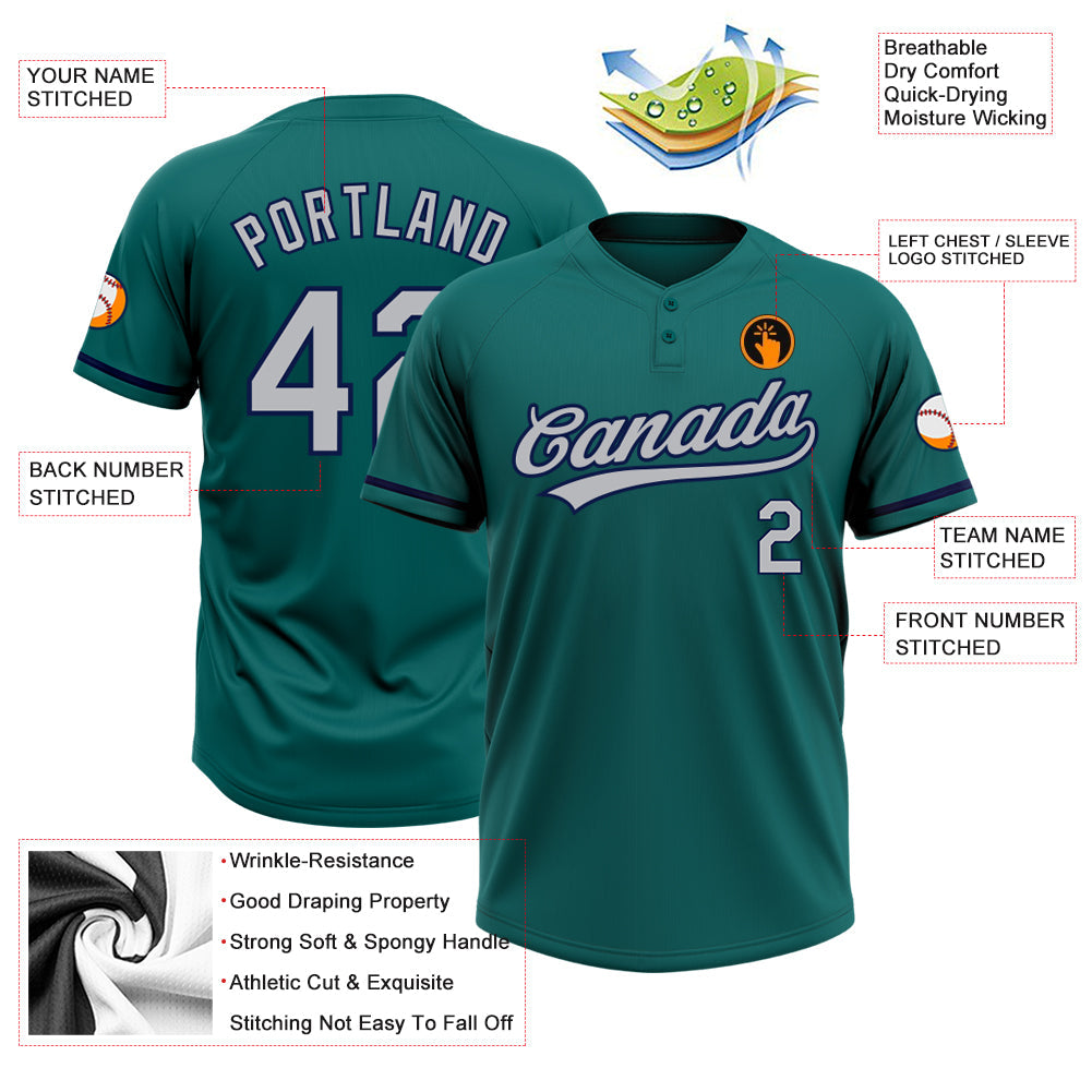 Custom Teal Gray-Navy Two-Button Unisex Softball Jersey view 3