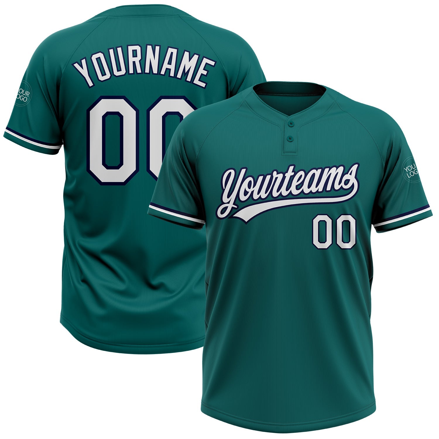 Custom Teal White-Navy Two-Button Unisex Softball Jersey - Main View