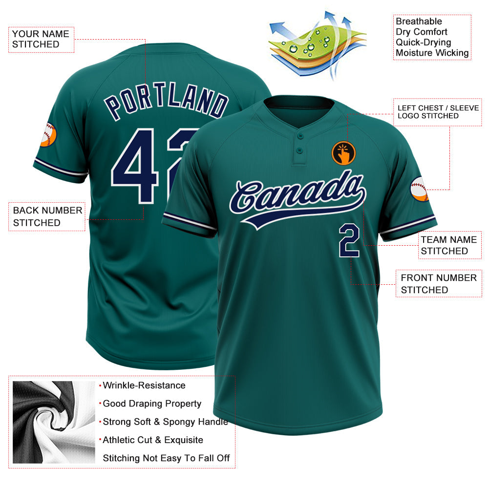 Custom Teal Navy-White Two-Button Unisex Softball Jersey view 3