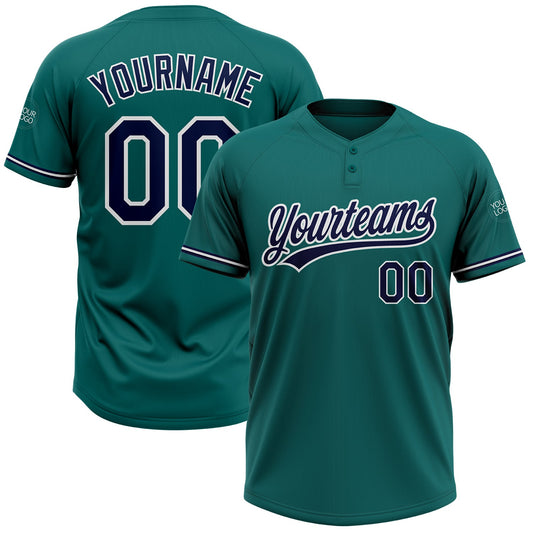 Custom Teal Navy-White Two-Button Unisex Softball Jersey - Main View