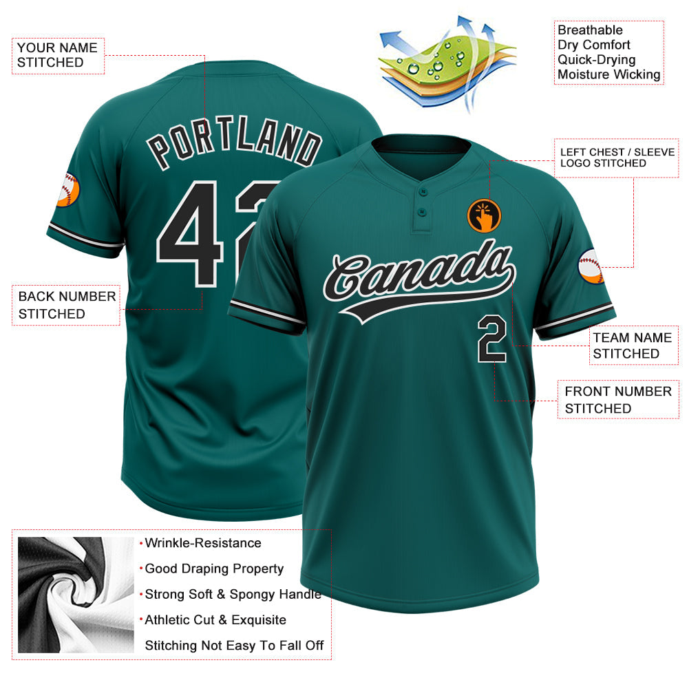 Custom Teal Black-White Two-Button Unisex Softball Jersey view 3