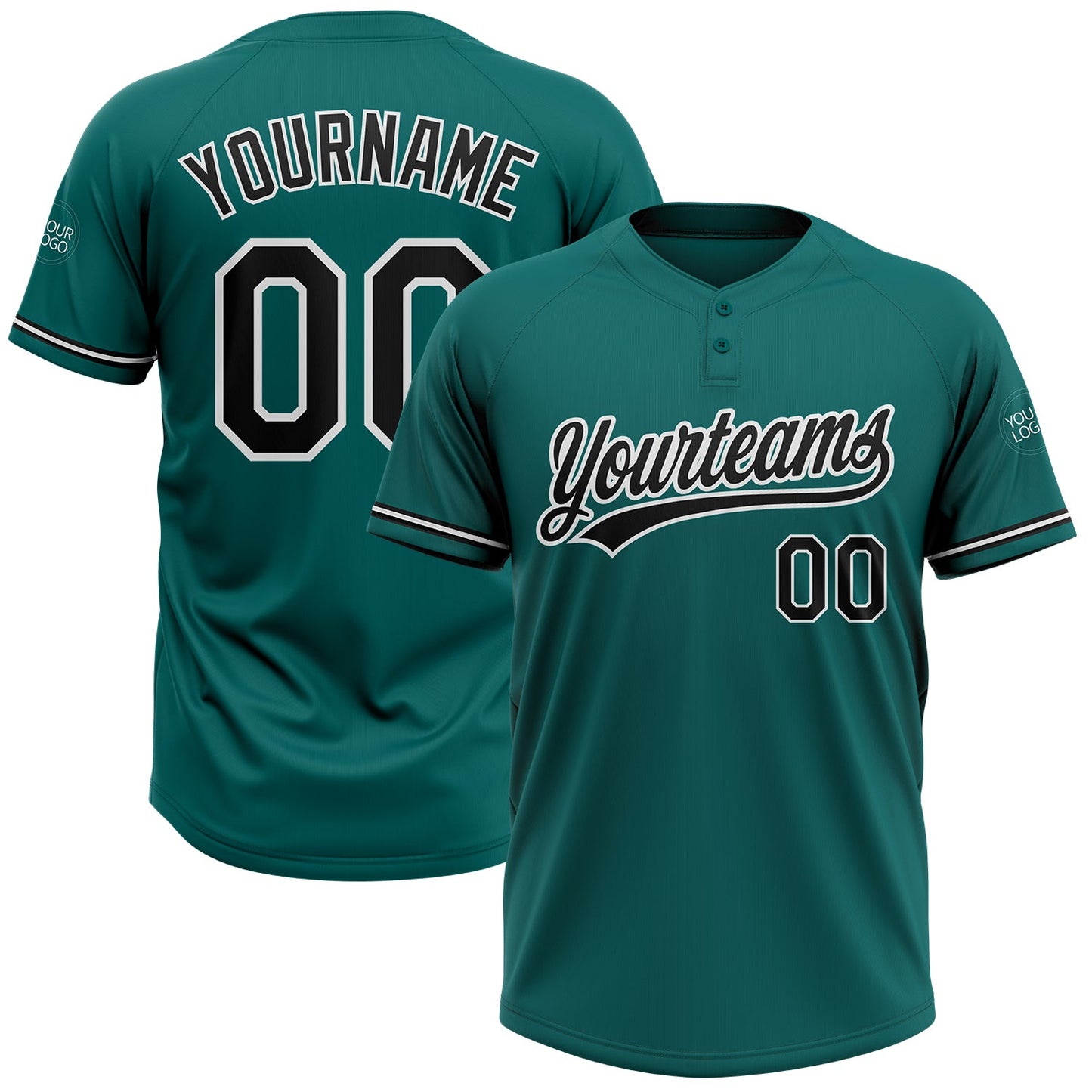 Custom Teal Black-White Two-Button Unisex Softball Jersey - Main View