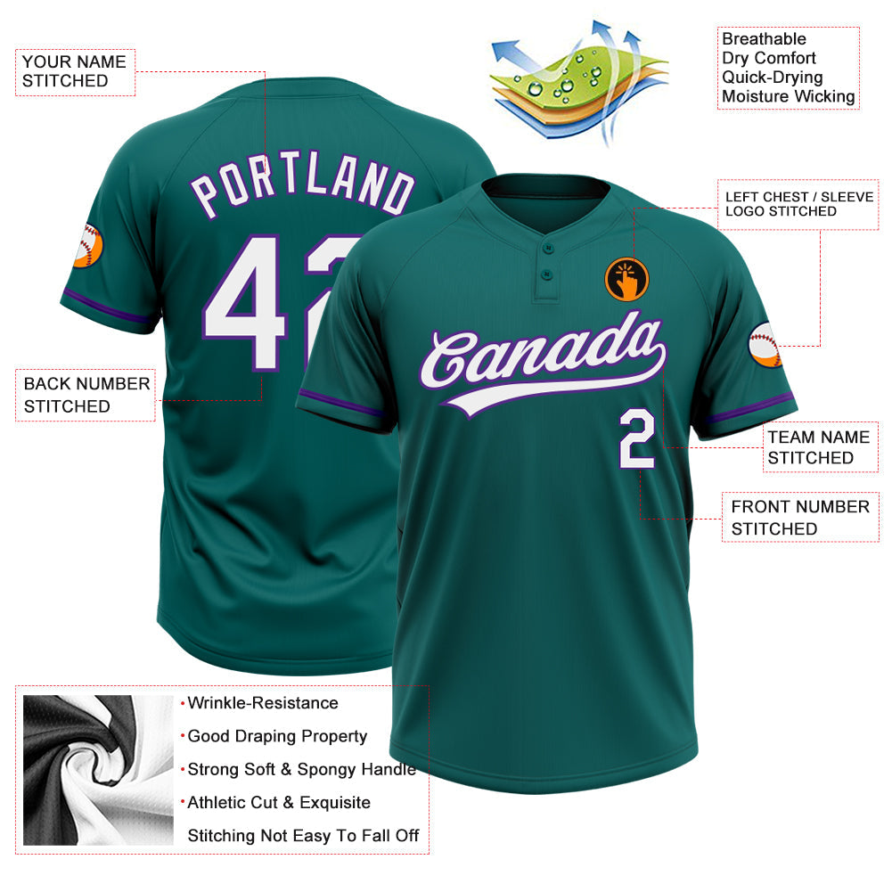 Custom Teal White-Purple Two-Button Unisex Softball Jersey view 3
