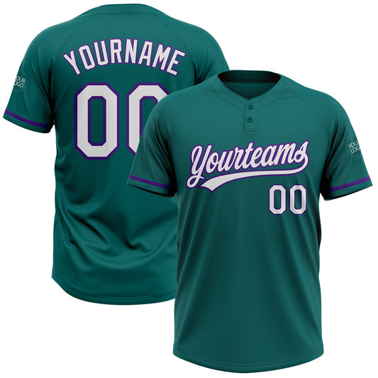Custom Teal White-Purple Two-Button Unisex Softball Jersey - Main View