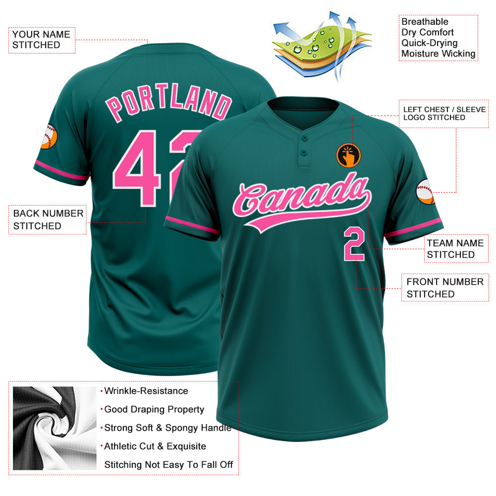 Custom Teal Pink-White Two-Button Unisex Softball Jersey view 3