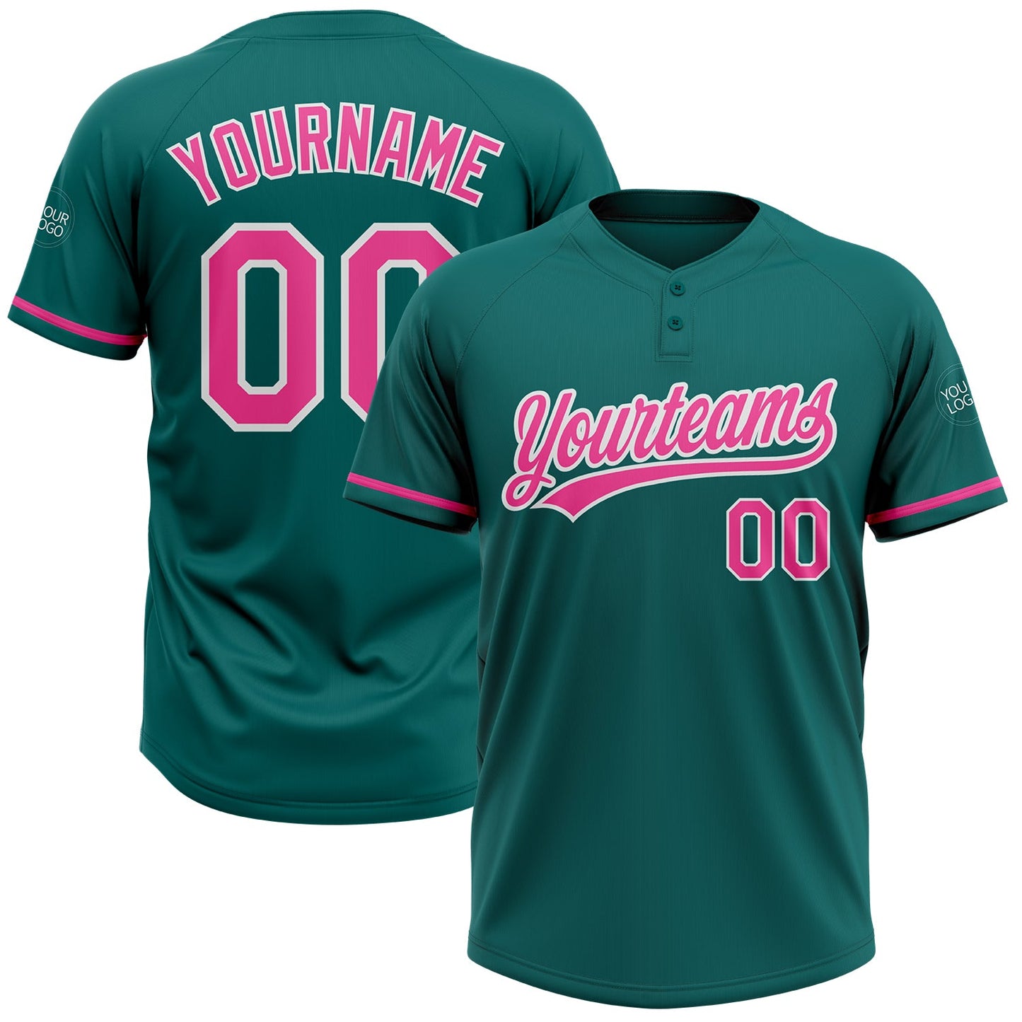 Custom Teal Pink-White Two-Button Unisex Softball Jersey - Main View