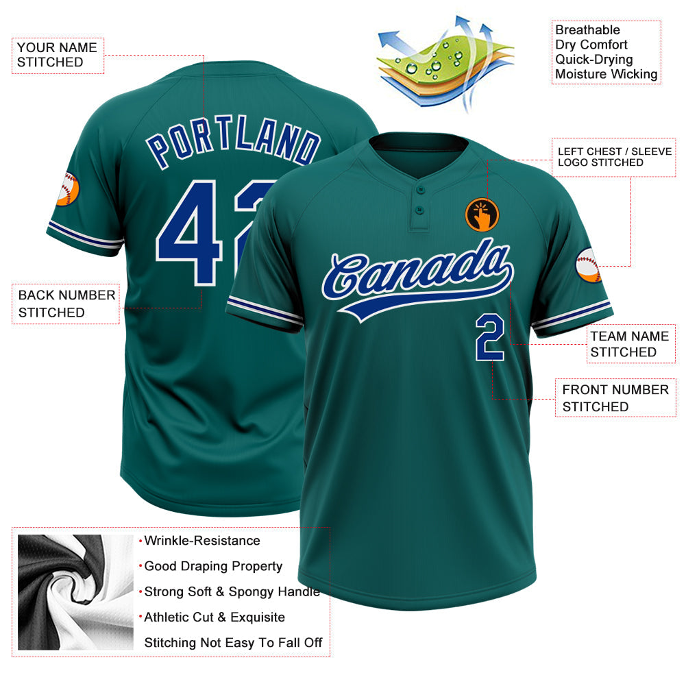 Custom Teal Royal-White Two-Button Unisex Softball Jersey view 3