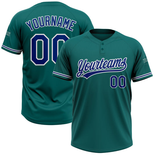 Custom Teal Royal-White Two-Button Unisex Softball Jersey - Main View