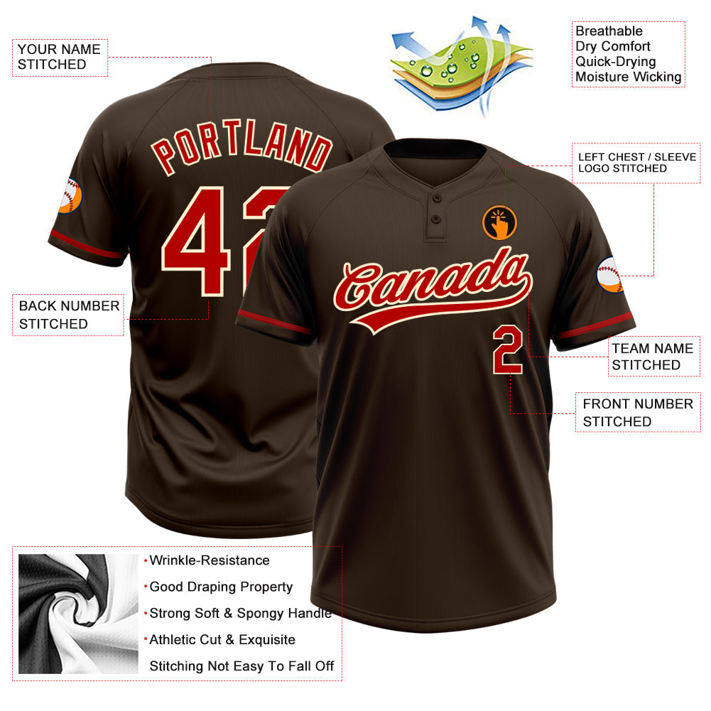 Custom Brown Red-Cream Two-Button Unisex Softball Jersey view 3