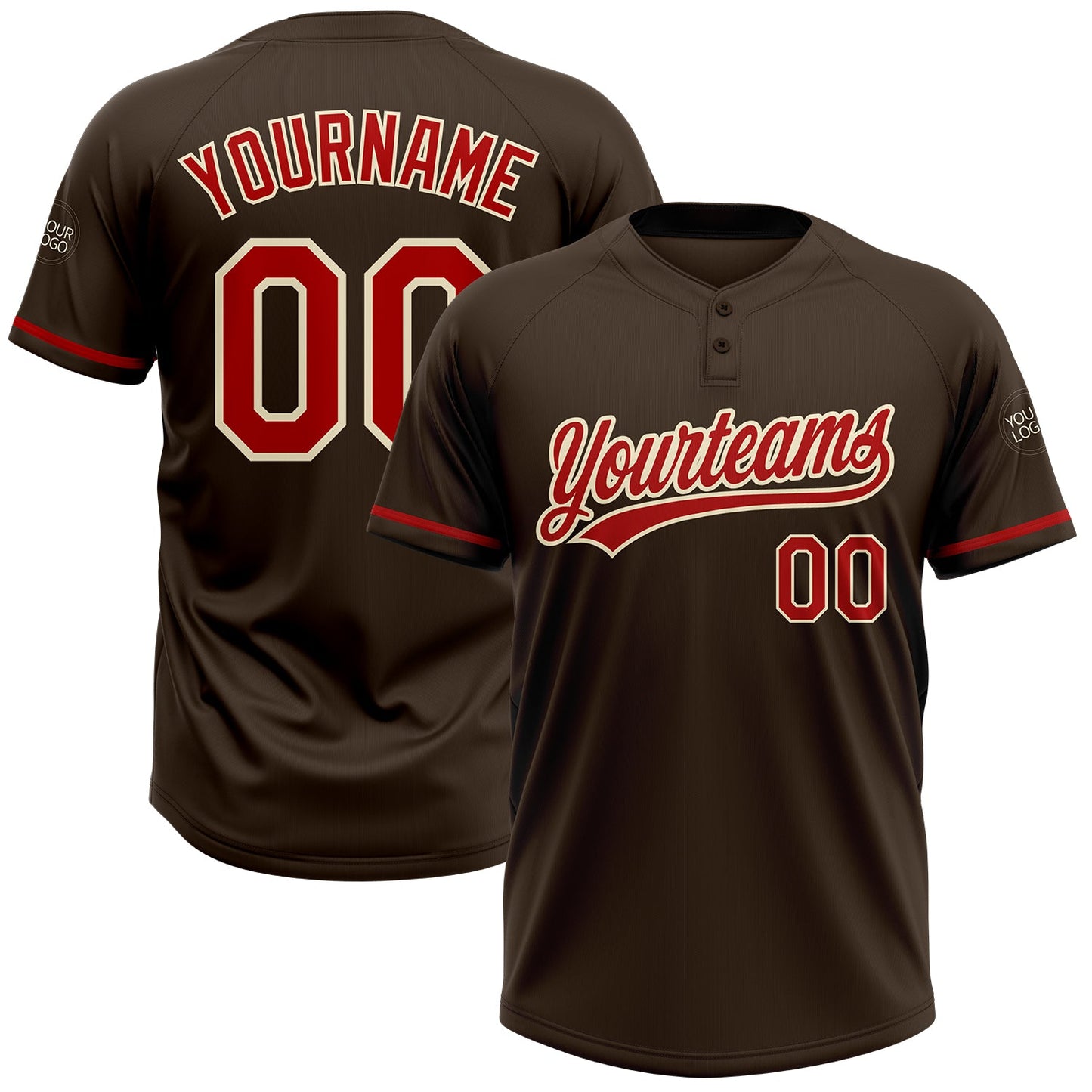 Custom Brown Red-Cream Two-Button Unisex Softball Jersey - Main View