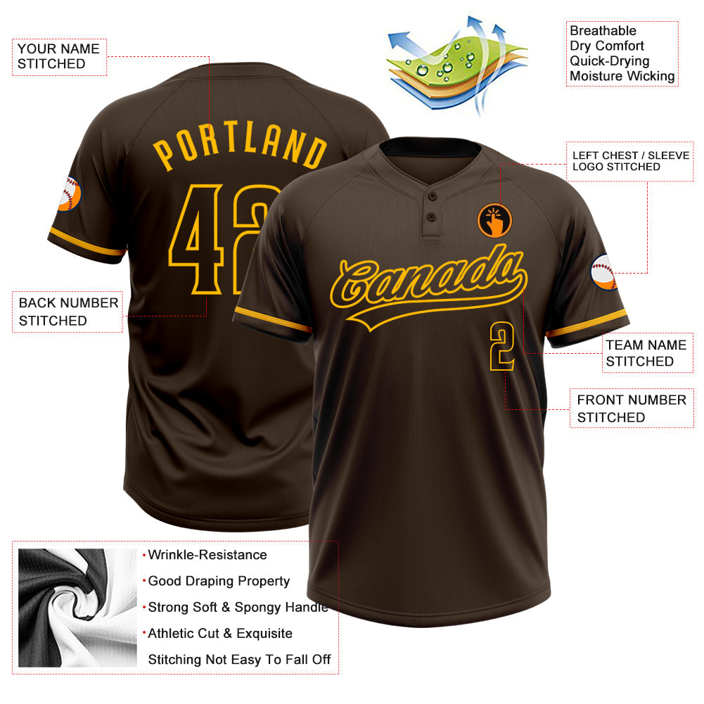 Custom Brown Gold Two-Button Unisex Softball Jersey view 3