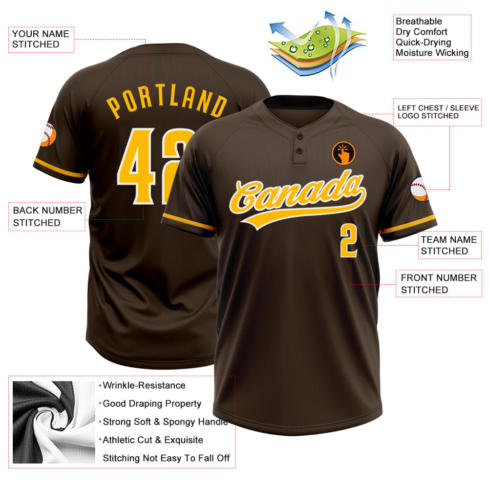 Custom Brown Gold-White Two-Button Unisex Softball Jersey view 3