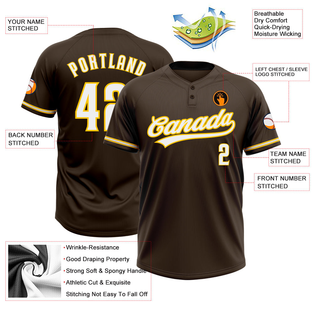 Custom Brown White-Yellow Two-Button Unisex Softball Jersey view 3