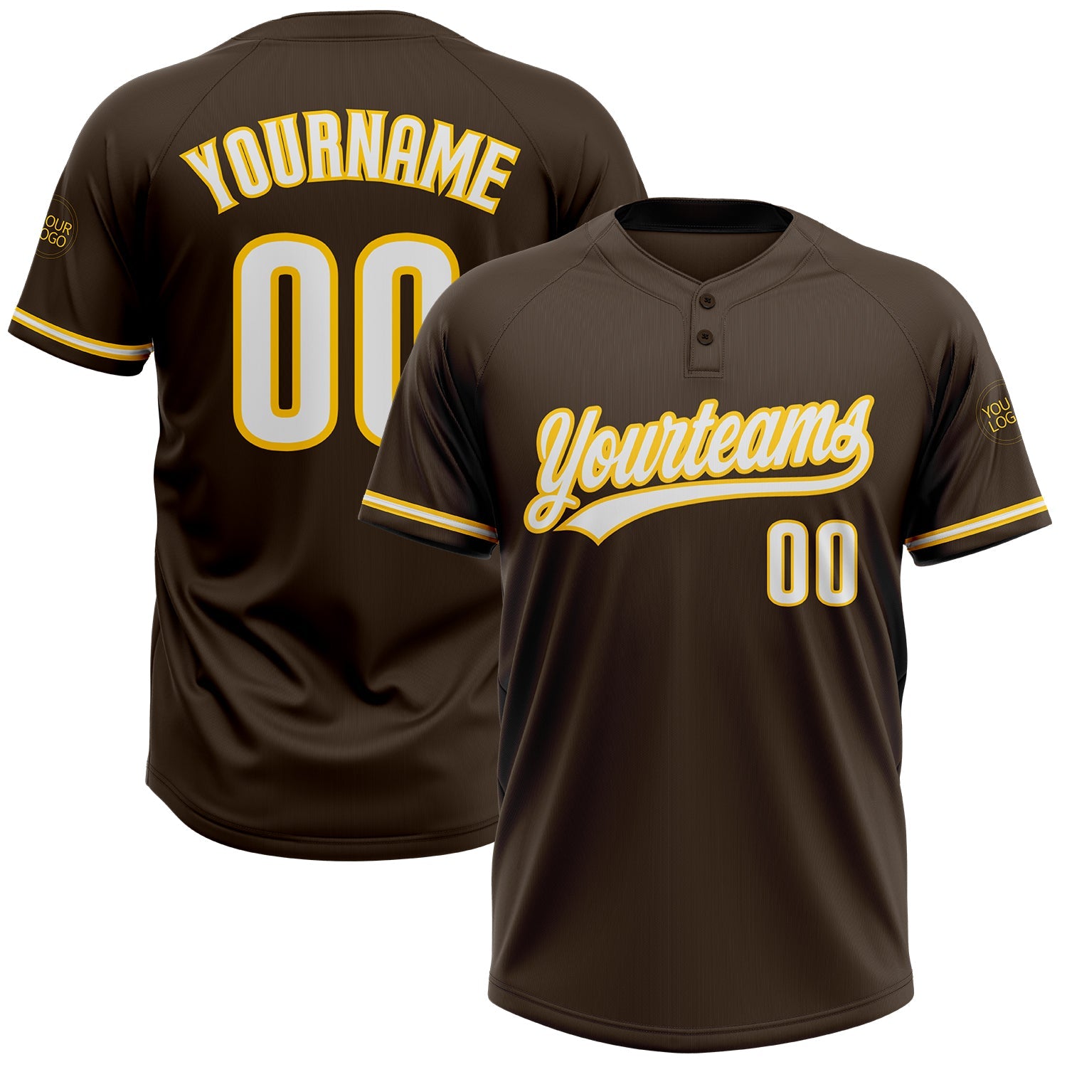 Custom Brown White-Yellow Two-Button Unisex Softball Jersey - Main View