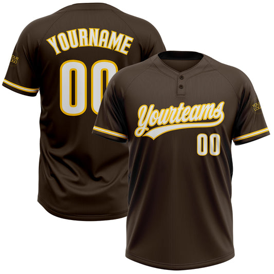 Custom Brown White-Yellow Two-Button Unisex Softball Jersey - Main View
