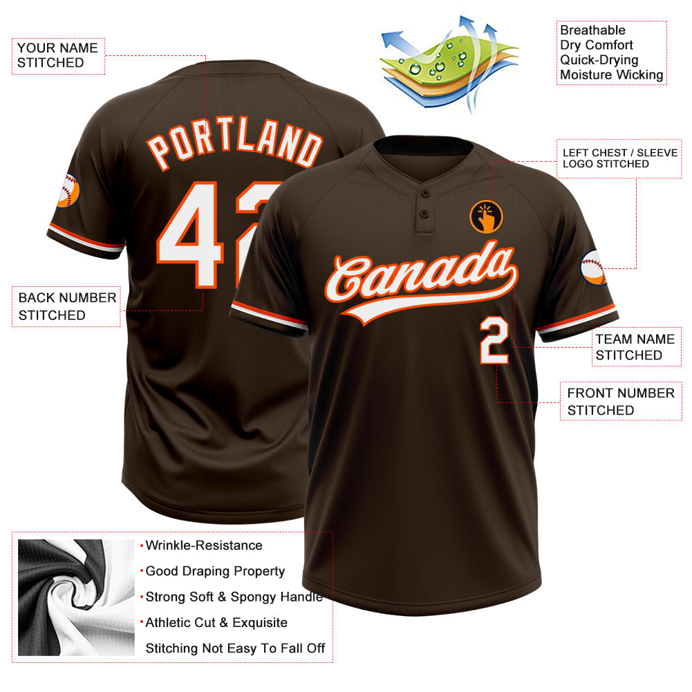 Custom Brown White-Orange Two-Button Unisex Softball Jersey view 3