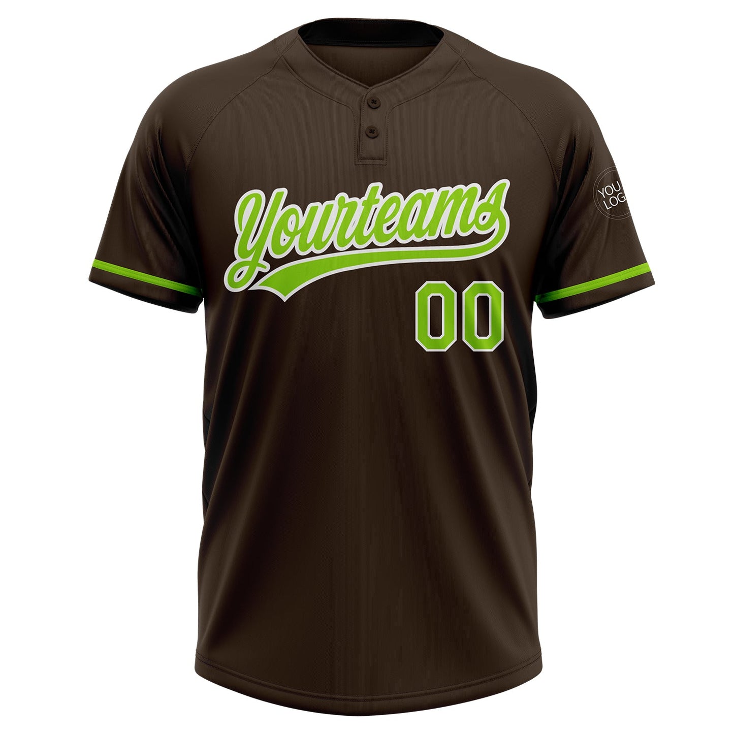 Custom Brown Neon Green-White Two-Button Unisex Softball Jersey view 2